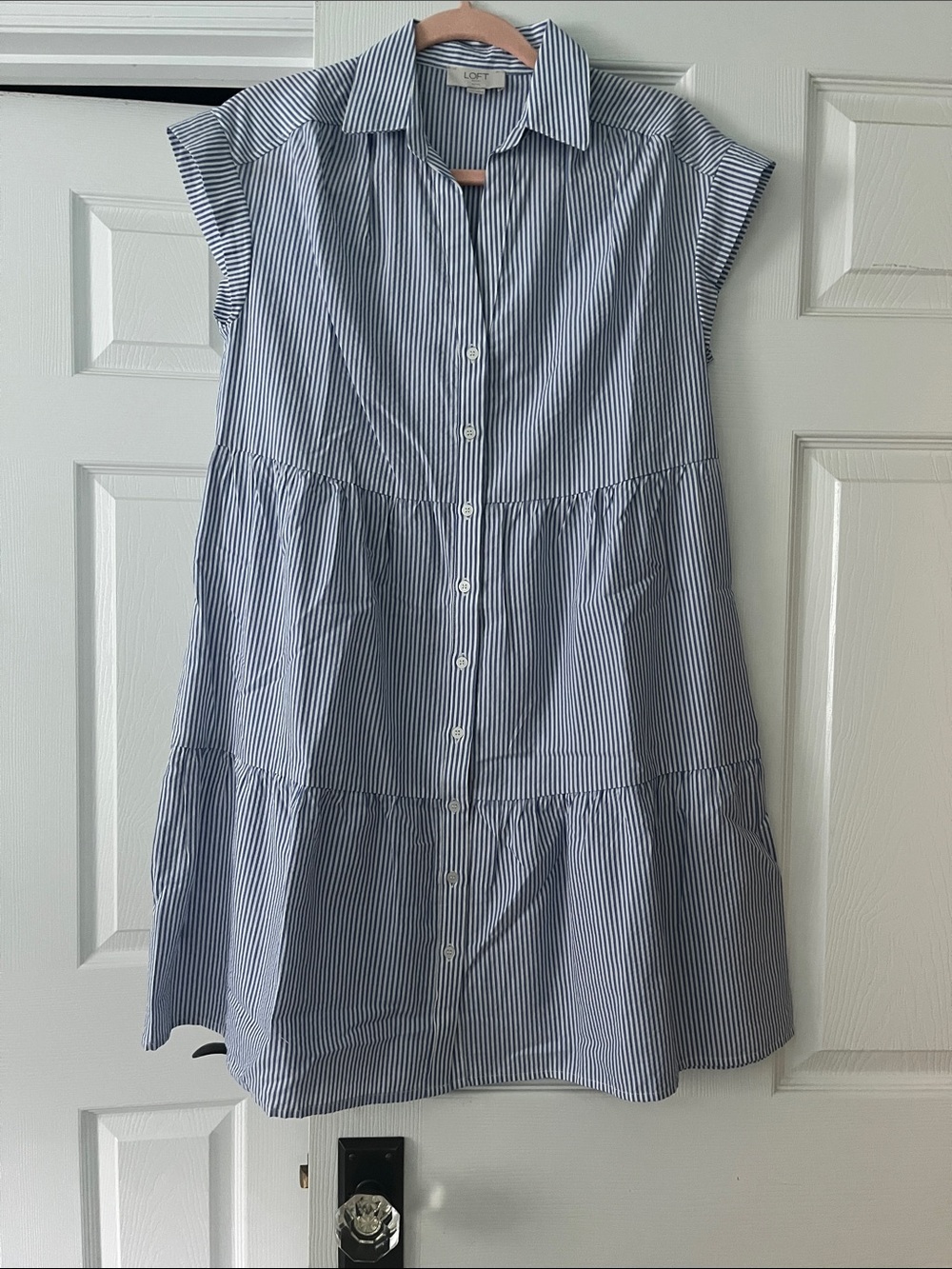 LOFT womenβs Blue and White Striped Button-Front Tiered Dress